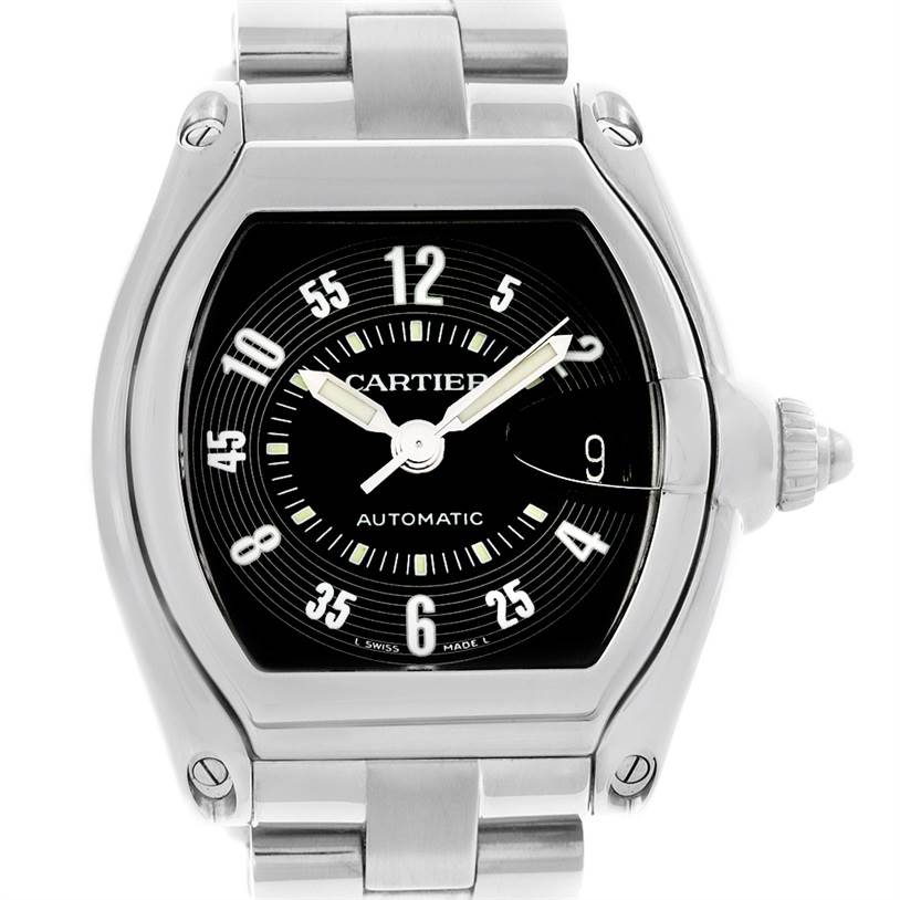 The Cartier Roadster W62004V3 Men's Stainless Steel Black Dial W62004V3 Men's Stainless Steel Black Dial watch is shown from a front angle, displaying its face, case, and part of the metal bracelet.