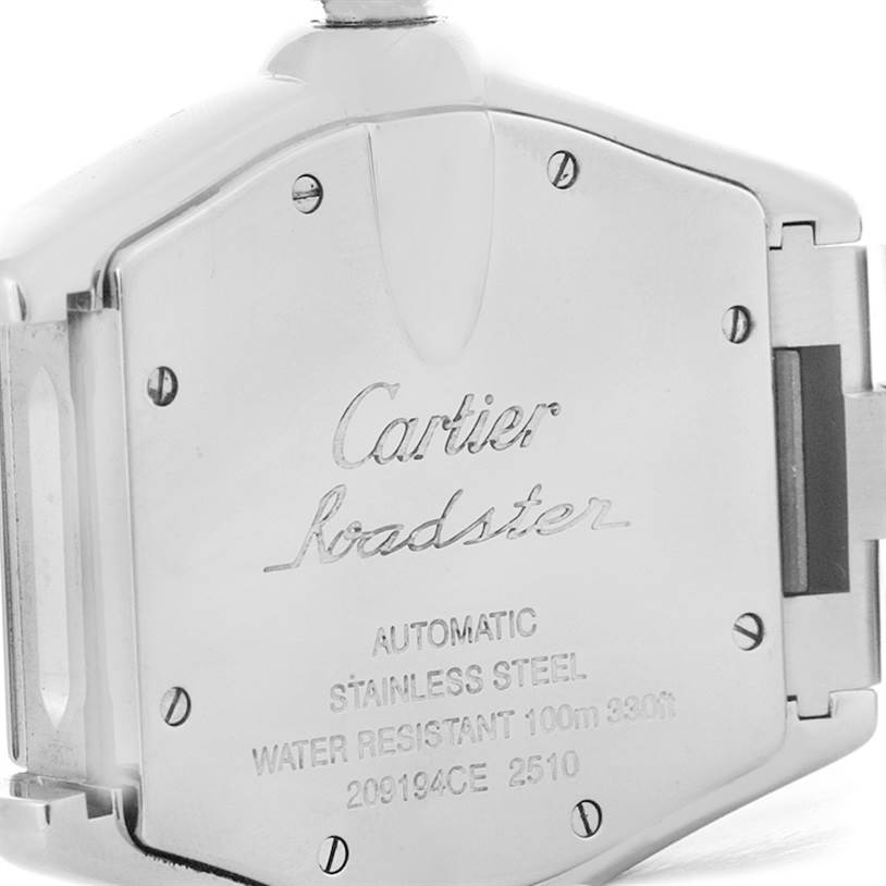 This image shows the back of the Cartier Roadster W62004V3 Men's Stainless Steel Black Dial W62004V3 Men's Stainless Steel Black Dial watch, highlighting its branding and specifications.