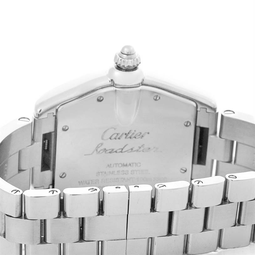 The image shows the back and bracelet of the Cartier Roadster W62004V3 Men's Stainless Steel Black Dial W62004V3 Men's Stainless Steel Black Dial watch, highlighting its stainless steel case and engraved branding.