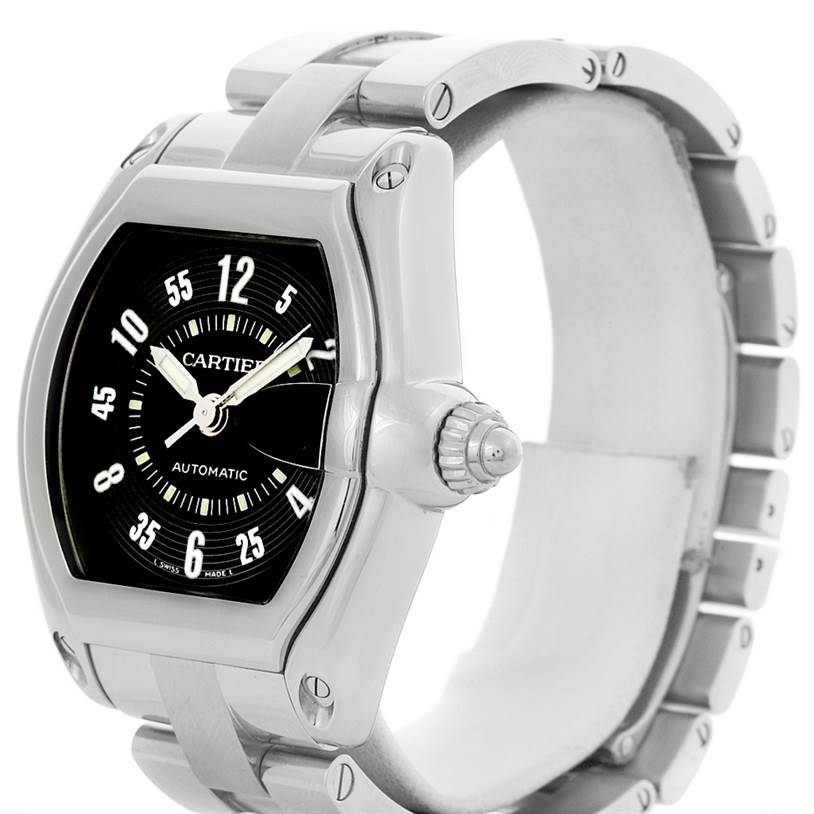 The Cartier Roadster W62004V3 Men's Stainless Steel Black Dial W62004V3 Men's Stainless Steel Black Dial watch is shown from an angle revealing the dial, case, and part of the metal bracelet.