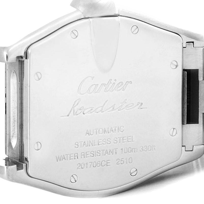 The image shows the back case of a Cartier Roadster W62004V3 Men's Stainless Steel Black Dial W62004V3 Men's Stainless Steel Black Dial watch, highlighting its engravings and stainless steel material.