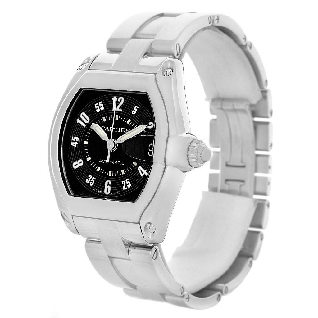 This Cartier Roadster W62004V3 Men's Stainless Steel Black Dial W62004V3 Men's Stainless Steel Black Dial watch is shown at a three-quarter angle, displaying its face, crown, and bracelet.