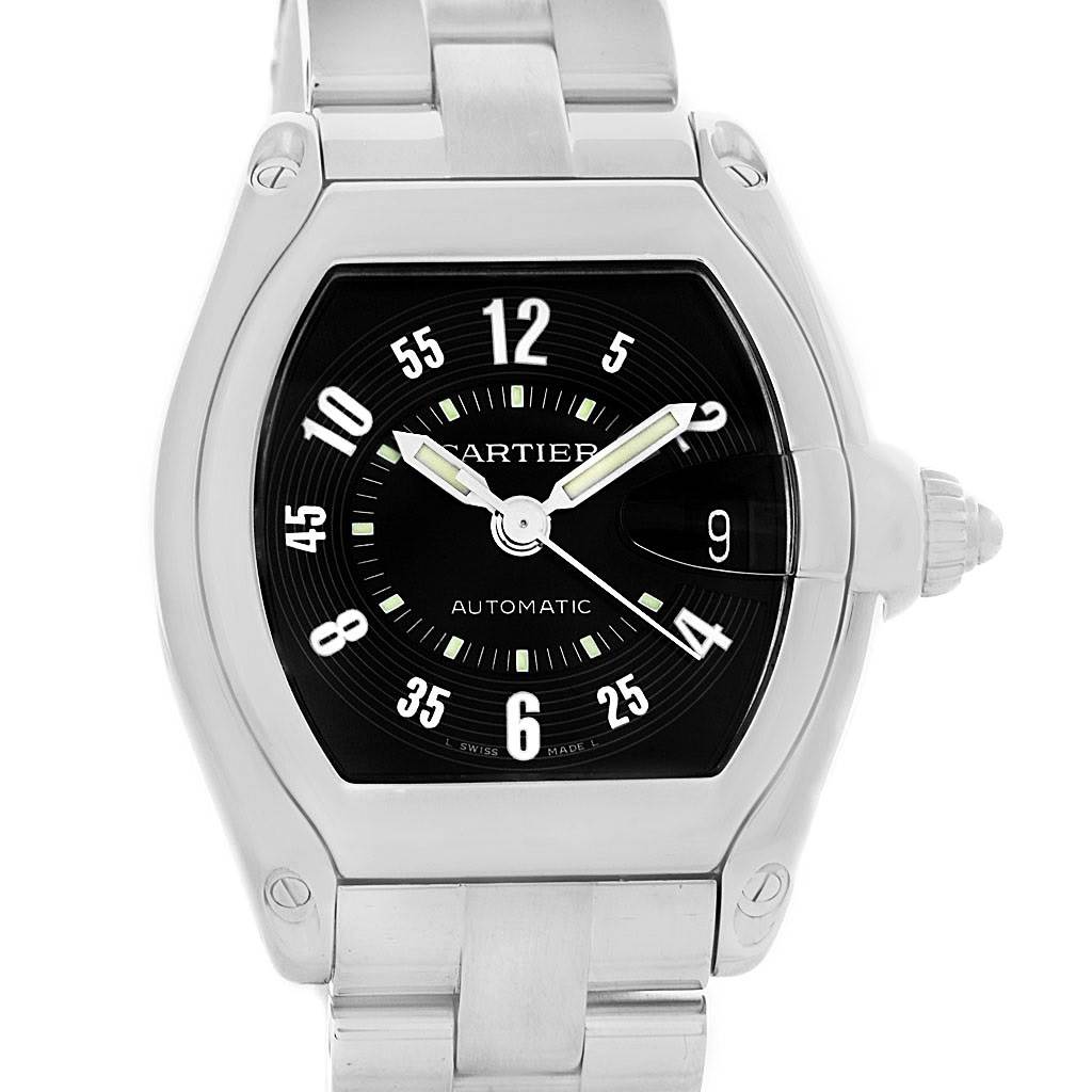 This image shows a front view of the Cartier Roadster W62004V3 Men's Stainless Steel Black Dial W62004V3 Men's Stainless Steel Black Dial watch, highlighting its dial, case, and bracelet.