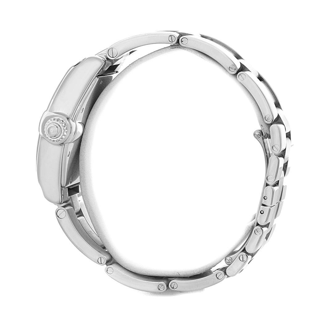 The image shows a Cartier Roadster W62004V3 Men's Stainless Steel Black Dial W62004V3 Men's Stainless Steel Black Dial watch from a side angle highlighting the crown and metal bracelet.