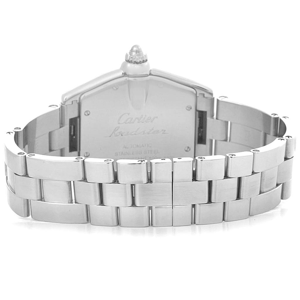 The image shows the back view of a Cartier Roadster W62004V3 Men's Stainless Steel Black Dial W62004V3 Men's Stainless Steel Black Dial watch, highlighting the stainless steel case and bracelet.