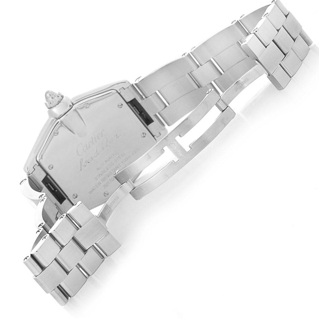 The image shows the back and bracelet of a Cartier Roadster W62004V3 Men's Stainless Steel Black Dial W62004V3 Men's Stainless Steel Black Dial watch, focusing on the clasp and case back.