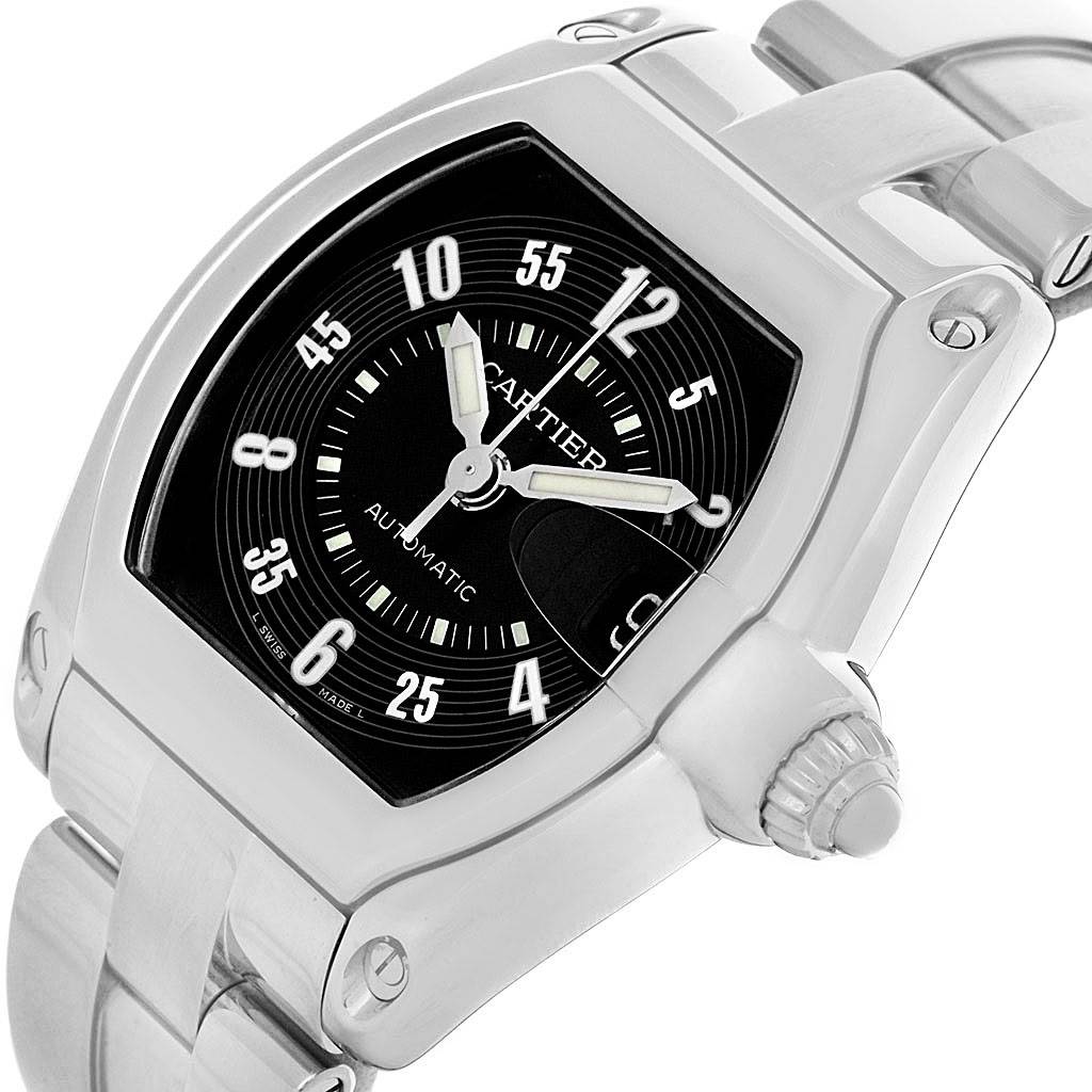 The image shows a close-up angled view of the face, bezel, and part of the bracelet of a Cartier Roadster W62004V3 Men's Stainless Steel Black Dial W62004V3 Men's Stainless Steel Black Dial model watch.