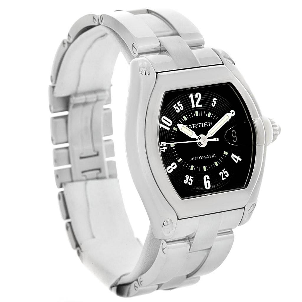 The Cartier Roadster W62004V3 Men's Stainless Steel Black Dial W62004V3 Men's Stainless Steel Black Dial watch is shown from a front-left angle, displaying the face, bezel, and bracelet.