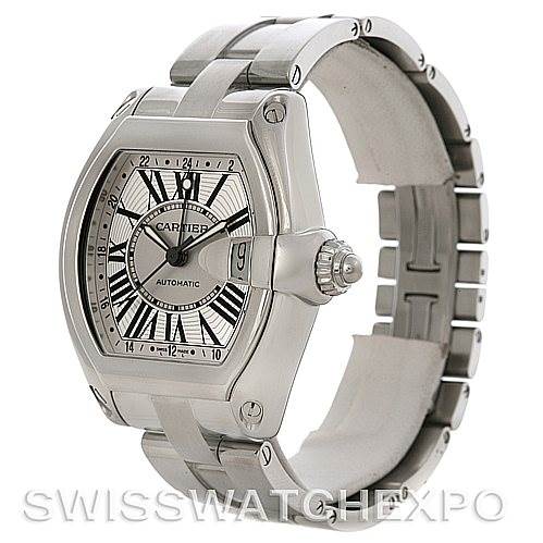 This image shows a Cartier Roadster W62032X6 Men's Stainless Steel Silver Dial W62032X6 Men's Stainless Steel Silver Dial watch at an angle highlighting the face, crown, and part of the bracelet.