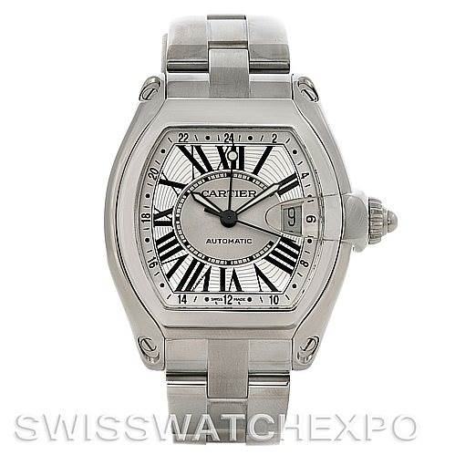 The image shows a Cartier Roadster W62032X6 Men's Stainless Steel Silver Dial W62032X6 Men's Stainless Steel Silver Dial watch from a front angle, highlighting the dial, case, crown, and bracelet.