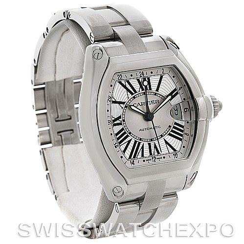 The Cartier Roadster W62032X6 Men's Stainless Steel Silver Dial W62032X6 Men's Stainless Steel Silver Dial watch is shown at a slight angle, highlighting the face, crown, and part of the bracelet.