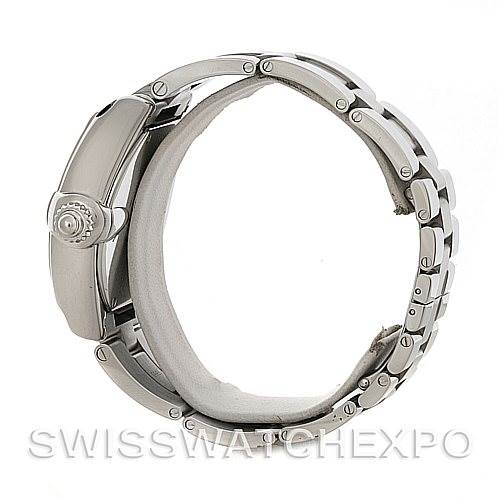 This side view of the Cartier Roadster W62032X6 Men's Stainless Steel Silver Dial W62032X6 Men's Stainless Steel Silver Dial watch shows the case, crown, and metal bracelet.