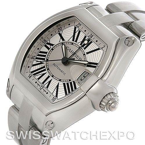 The image shows a Cartier Roadster W62032X6 Men's Stainless Steel Silver Dial W62032X6 Men's Stainless Steel Silver Dial watch from a three-quarter view, highlighting the face, crown, and part of the stainless steel bracelet.
