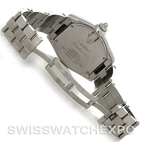 The image shows the back view of a Cartier Roadster W62032X6 Men's Stainless Steel Silver Dial W62032X6 Men's Stainless Steel Silver Dial watch, highlighting its case back, bracelet, and clasp.