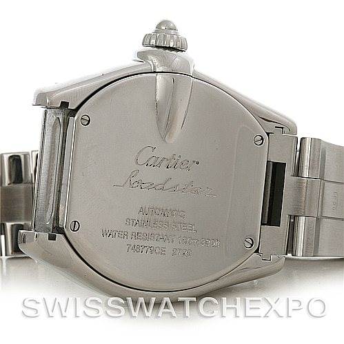 This image shows the back case and part of the clasp of a Cartier Roadster W62032X6 Men's Stainless Steel Silver Dial W62032X6 Men's Stainless Steel Silver Dial watch.