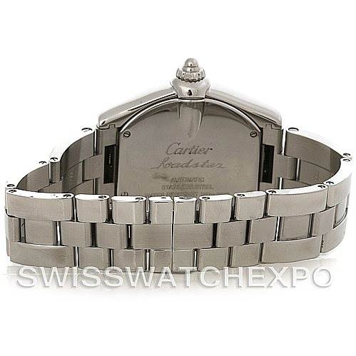 The image shows the back view of a Cartier Roadster W62032X6 Men's Stainless Steel Silver Dial W62032X6 Men's Stainless Steel Silver Dial watch, highlighting its case back and metal bracelet.