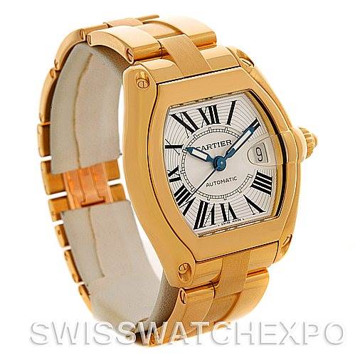 This Cartier Roadster W62005V1 Men
s Yellow Gold Silver Dial W62005V1 Men
s Yellow Gold Silver Dial watch is shown at a three-quarter angle, displaying the face, bezel, crown, and part of the bracelet.