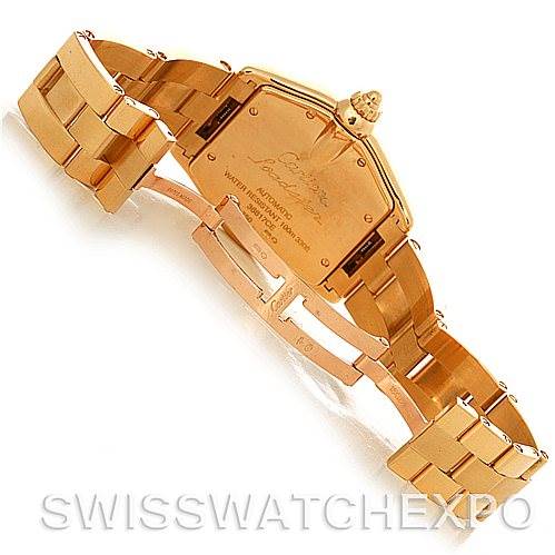 This image shows the rear view of the Cartier Roadster W62005V1 Men
s Yellow Gold Silver Dial W62005V1 Men
s Yellow Gold Silver Dial model watch, highlighting the back case and open bracelet.