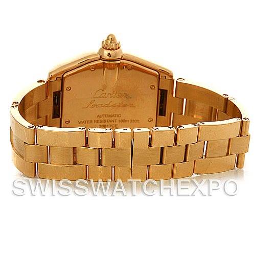 The image shows the back view of a Cartier Roadster W62005V1 Men
s Yellow Gold Silver Dial W62005V1 Men
s Yellow Gold Silver Dial watch, highlighting its gold case and bracelet.