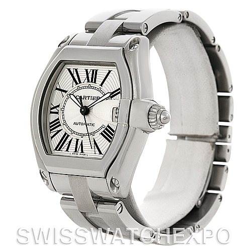 The image shows a Cartier Roadster W62025V3 Men's Stainless Steel Silver Dial W62025V3 Men's Stainless Steel Silver Dial watch at an angle highlighting the face and the stainless steel bracelet.