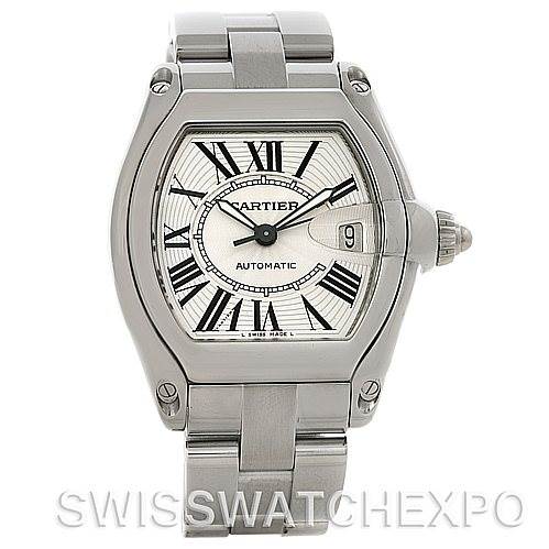 The image shows the front view of the Cartier Roadster W62025V3 Men's Stainless Steel Silver Dial W62025V3 Men's Stainless Steel Silver Dial model watch, highlighting its dial, bezel, and bracelet.
