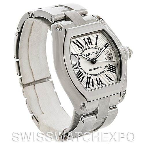 The image shows a Cartier Roadster W62025V3 Men's Stainless Steel Silver Dial W62025V3 Men's Stainless Steel Silver Dial watch from a three-quarter angle, highlighting its face, bezel, and part of the bracelet.