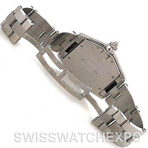 This image shows the Cartier Roadster W62025V3 Men's Stainless Steel Silver Dial W62025V3 Men's Stainless Steel Silver Dial watch from the back, displaying its open stainless steel bracelet and caseback.