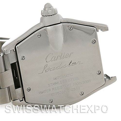 The image shows the back case of a Cartier Roadster W62025V3 Men's Stainless Steel Silver Dial W62025V3 Men's Stainless Steel Silver Dial watch, including the crown and part of the bracelet.
