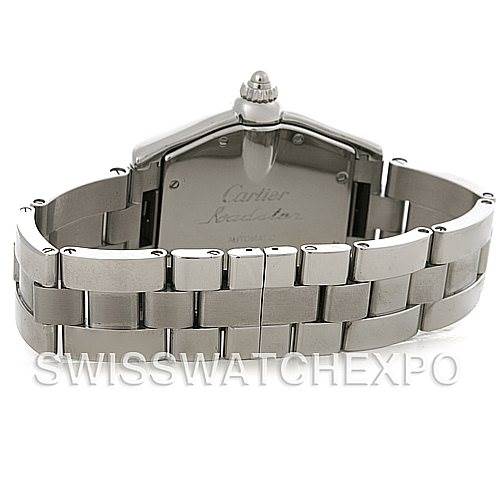This image shows the back side and bracelet of a Cartier Roadster W62025V3 Men's Stainless Steel Silver Dial W62025V3 Men's Stainless Steel Silver Dial watch.