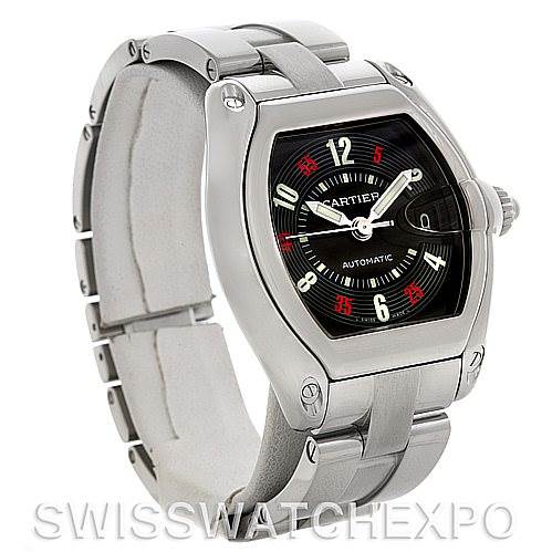 This image shows a Cartier Roadster W62002V3 Men's Stainless Steel Black Dial W62002V3 Men's Stainless Steel Black Dial watch at a three-quarter angle, highlighting its bracelet and stainless steel case.