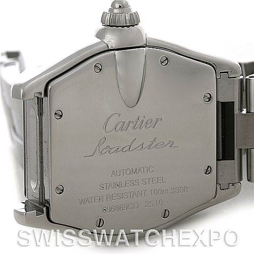 The image shows the back case of a Cartier Roadster W62002V3 Men's Stainless Steel Black Dial W62002V3 Men's Stainless Steel Black Dial watch, including the case back screws and engraved details.