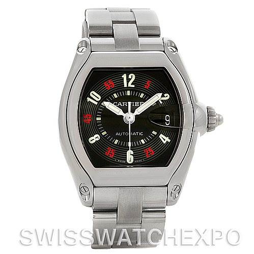 This image shows a frontal view of a Cartier Roadster W62002V3 Men's Stainless Steel Black Dial W62002V3 Men's Stainless Steel Black Dial watch, featuring its face, bezel, and metal bracelet.