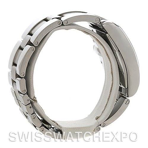 This side-angle shows the bracelet and side of the case for the Cartier Roadster W62002V3 Men's Stainless Steel Black Dial W62002V3 Men's Stainless Steel Black Dial model watch.