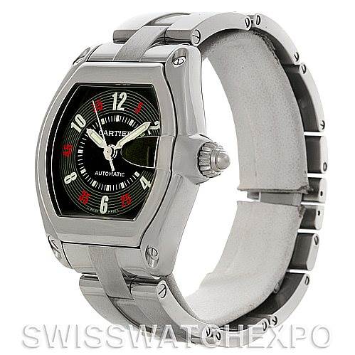 The image shows a Cartier Roadster W62002V3 Men's Stainless Steel Black Dial W62002V3 Men's Stainless Steel Black Dial watch from a front three-quarter angle, highlighting the face, crown, and part of the bracelet.