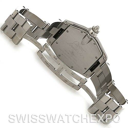 The image shows the back and the bracelet of a Cartier Roadster W62002V3 Men's Stainless Steel Black Dial W62002V3 Men's Stainless Steel Black Dial watch, including the clasp and part of the case back.