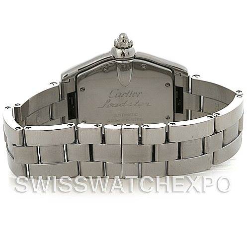 The image shows the back case and bracelet of a Cartier Roadster W62002V3 Men's Stainless Steel Black Dial W62002V3 Men's Stainless Steel Black Dial model watch.