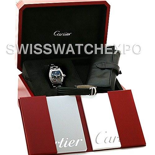 The image shows a Cartier Roadster W62002V3 Men's Stainless Steel Black Dial W62002V3 Men's Stainless Steel Black Dial watch from a front angle, displayed in a red box with additional accessories.