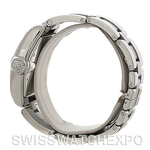 This image shows a side view of the Cartier Roadster W62002V3 Men's Stainless Steel Black Dial W62002V3 Men's Stainless Steel Black Dial watch, highlighting its case, crown, and bracelet.