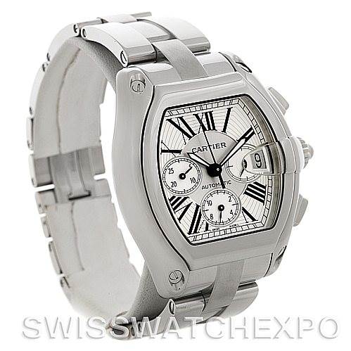 The image shows a Cartier Roadster W62019X6 Men's Stainless Steel Silver Dial W62019X6 Men's Stainless Steel Silver Dial watch at a slight angle, highlighting the face, band, and part of the clasp.