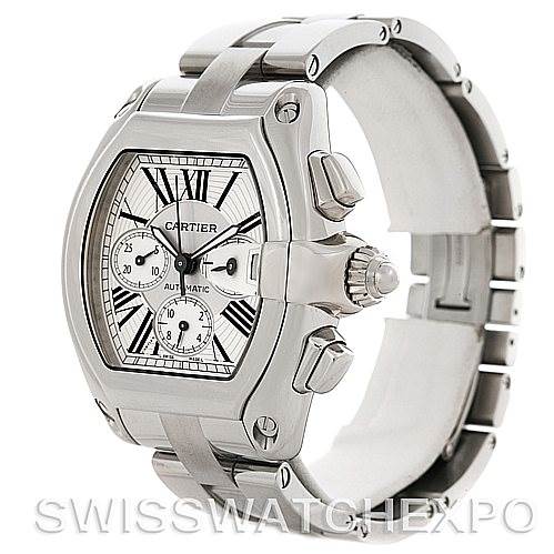 The image shows a Cartier Roadster W62019X6 Men's Stainless Steel Silver Dial W62019X6 Men's Stainless Steel Silver Dial model watch at a side angle, highlighting the dial, crown, and part of the bracelet.