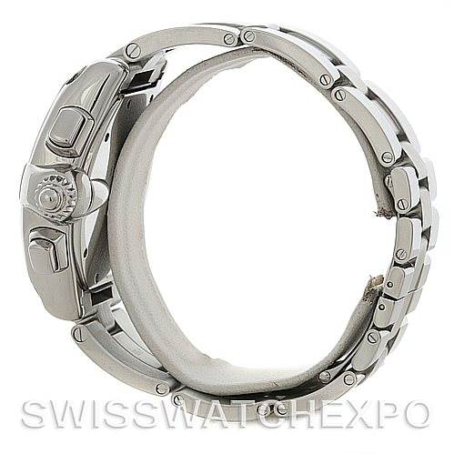 This image shows a Cartier Roadster W62019X6 Men's Stainless Steel Silver Dial W62019X6 Men's Stainless Steel Silver Dial watch from the side angle, highlighting the bracelet and the crown.