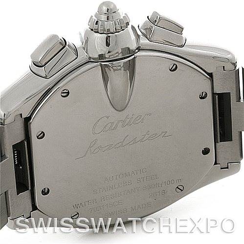 The image shows the back view of a Cartier Roadster W62019X6 Men's Stainless Steel Silver Dial W62019X6 Men's Stainless Steel Silver Dial watch, highlighting the case back and part of the bracelet.