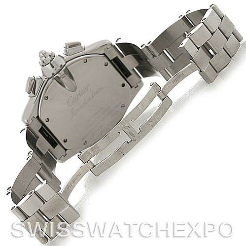 The image shows the underside and bracelet of a Cartier Roadster W62019X6 Men's Stainless Steel Silver Dial W62019X6 Men's Stainless Steel Silver Dial watch, including the clasp and case back.