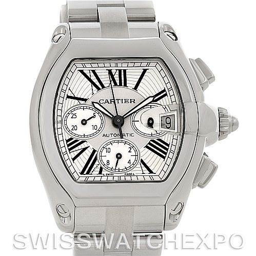 This image shows a front view of the Cartier Roadster W62019X6 Men's Stainless Steel Silver Dial W62019X6 Men's Stainless Steel Silver Dial watch, highlighting the face, crown, and part of the bracelet.