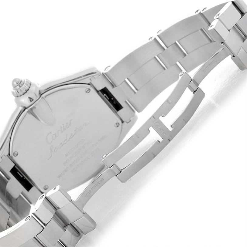 The image shows the back and clasp of a Cartier Roadster W62032X6 Men's Stainless Steel Silver Dial W62032X6 Men's Stainless Steel Silver Dial watch, highlighting its stainless steel bracelet.