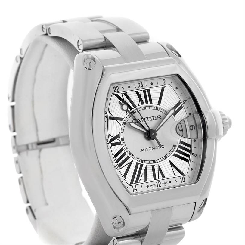 The image shows a close-up of the dial and bracelet from a slight side angle of the Cartier Roadster W62032X6 Men's Stainless Steel Silver Dial W62032X6 Men's Stainless Steel Silver Dial watch.
