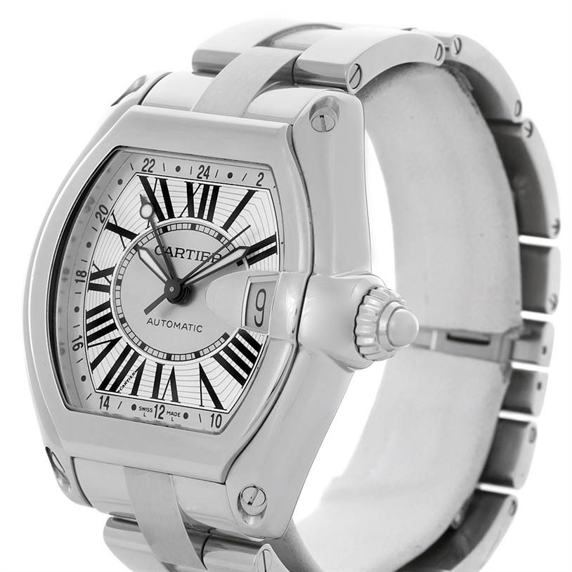 The image shows a Cartier Roadster W62032X6 Men's Stainless Steel Silver Dial W62032X6 Men's Stainless Steel Silver Dial watch from a front angle, highlighting the face, bezel, crown, and part of the bracelet.