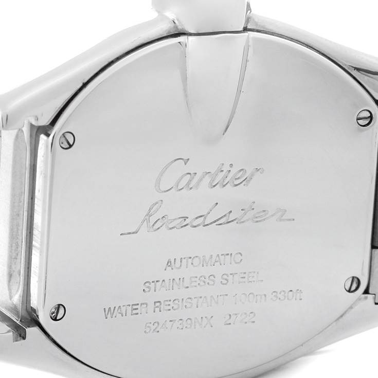 The image shows the back of a Cartier Roadster W62032X6 Men's Stainless Steel Silver Dial W62032X6 Men's Stainless Steel Silver Dial watch, showcasing the brand name, model, and specifications.