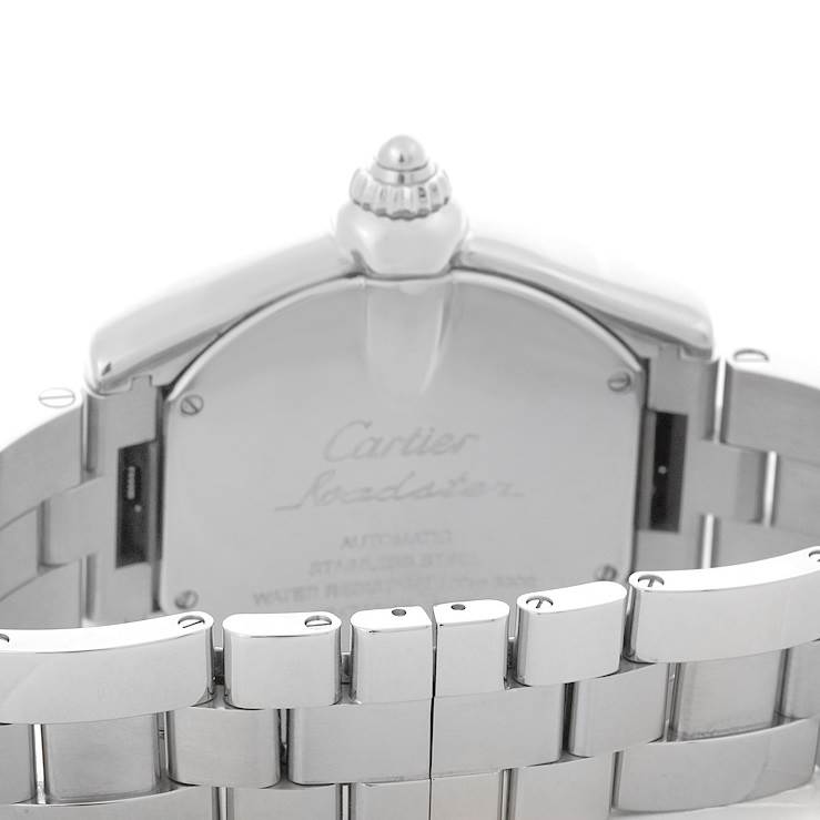 This image shows the back and bracelet of a Cartier Roadster W62032X6 Men's Stainless Steel Silver Dial W62032X6 Men's Stainless Steel Silver Dial watch, focusing on the case back and deployment clasp.
