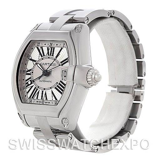 The image shows a Cartier Roadster W62032X6 Men's Stainless Steel Silver Dial W62032X6 Men's Stainless Steel Silver Dial watch at a three-quarter angle, highlighting its dial, bezel, crown, and bracelet.